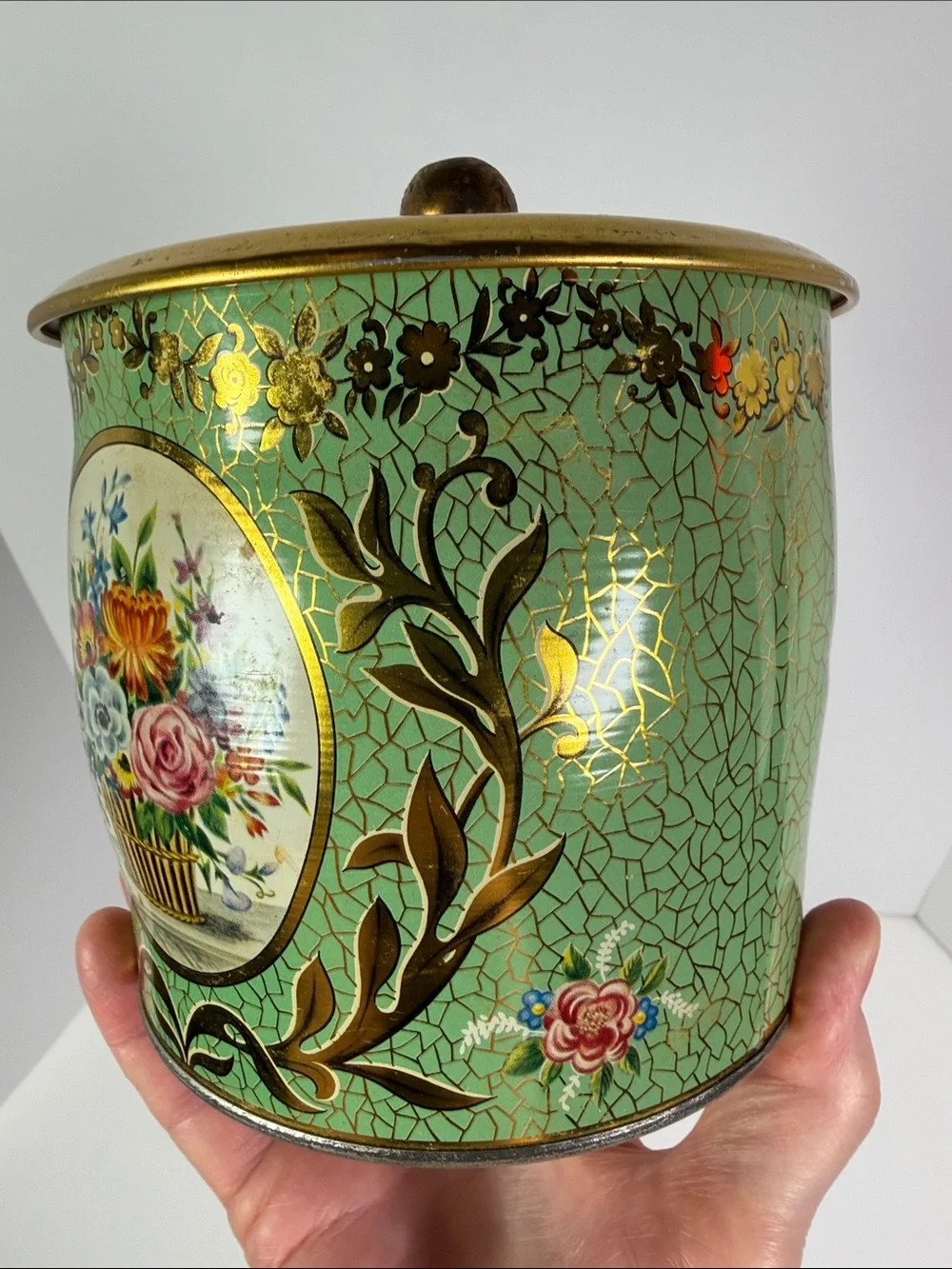 Vintage Biscuit Cookie Tea Tin England Floral Decorative Canister Gold Trim 6”